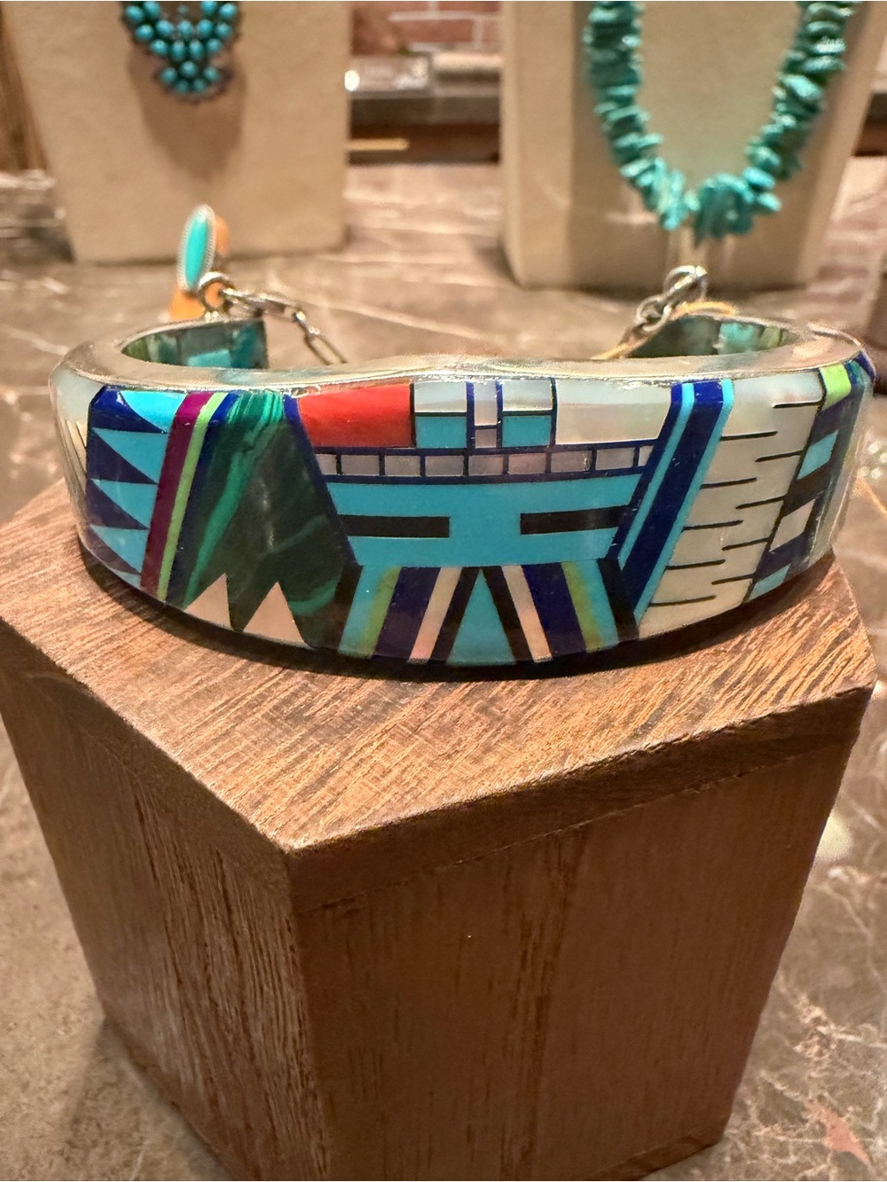 Vintage Zuni Multi-stone Inlay Chained Cuff Lined with #8 Turquoise, Hallmark MP